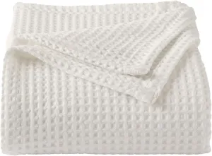 100% Cotton Waffle Weave Queen Bed Blanket | Soft, Breathable, and Lightweight Blanket for All-Seasons | Perfect for Layering | Brielle Collection (Full/Queen, Ivory)