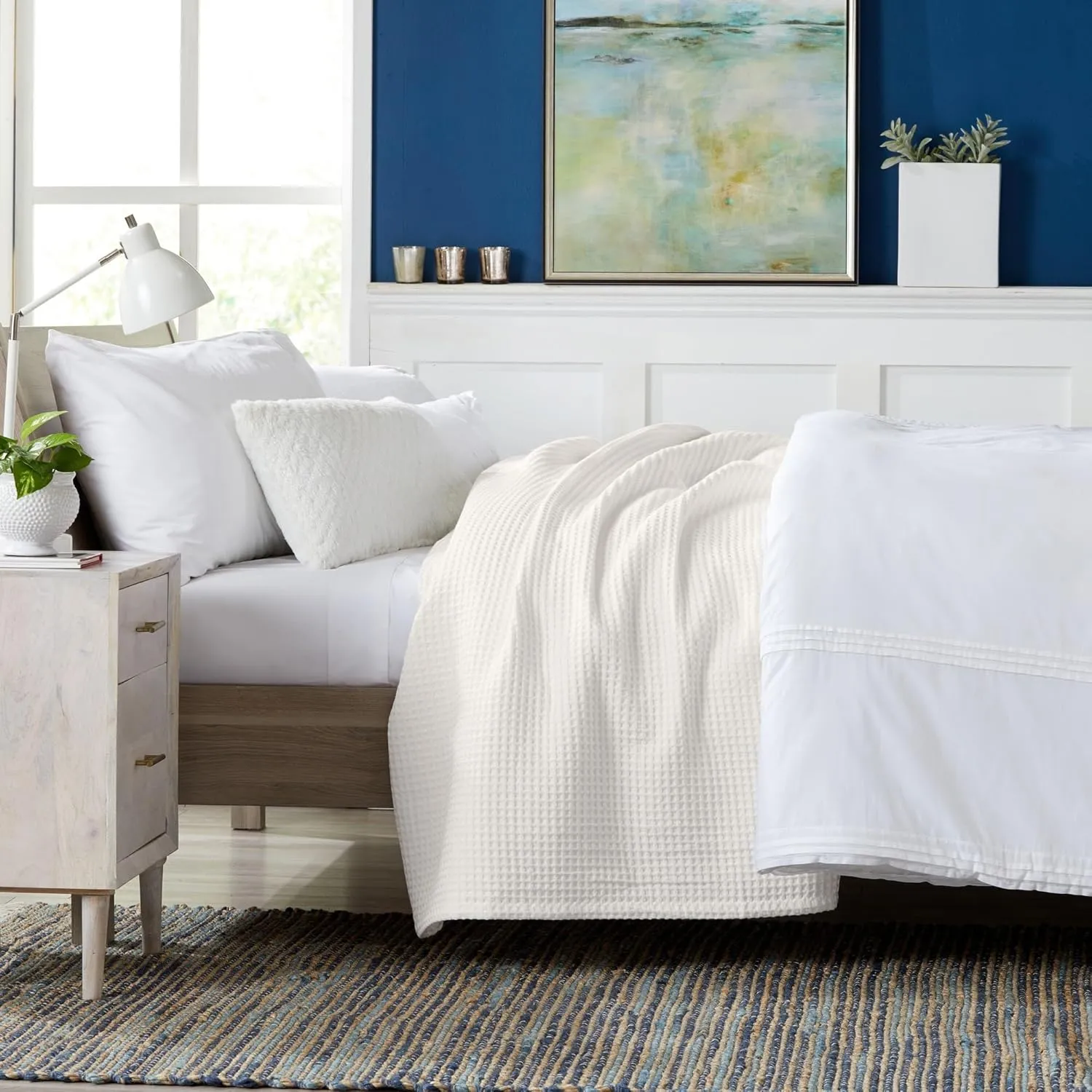 100% Cotton Waffle Weave Queen Bed Blanket | Soft, Breathable, and Lightweight Blanket for All-Seasons | Perfect for Layering | Brielle Collection (Full/Queen, Ivory)