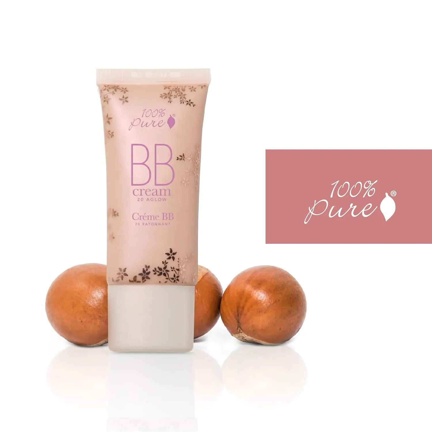 100% PURE BB Cream Shade 20 Aglow Full Face Coverage Skin Care & Glow - All-In-One Primer Concealer & Foundation Makeup - Shimmery, Dewy Youth Medium Color w/Warm Undertone - Vegan - 1 Fl Oz
