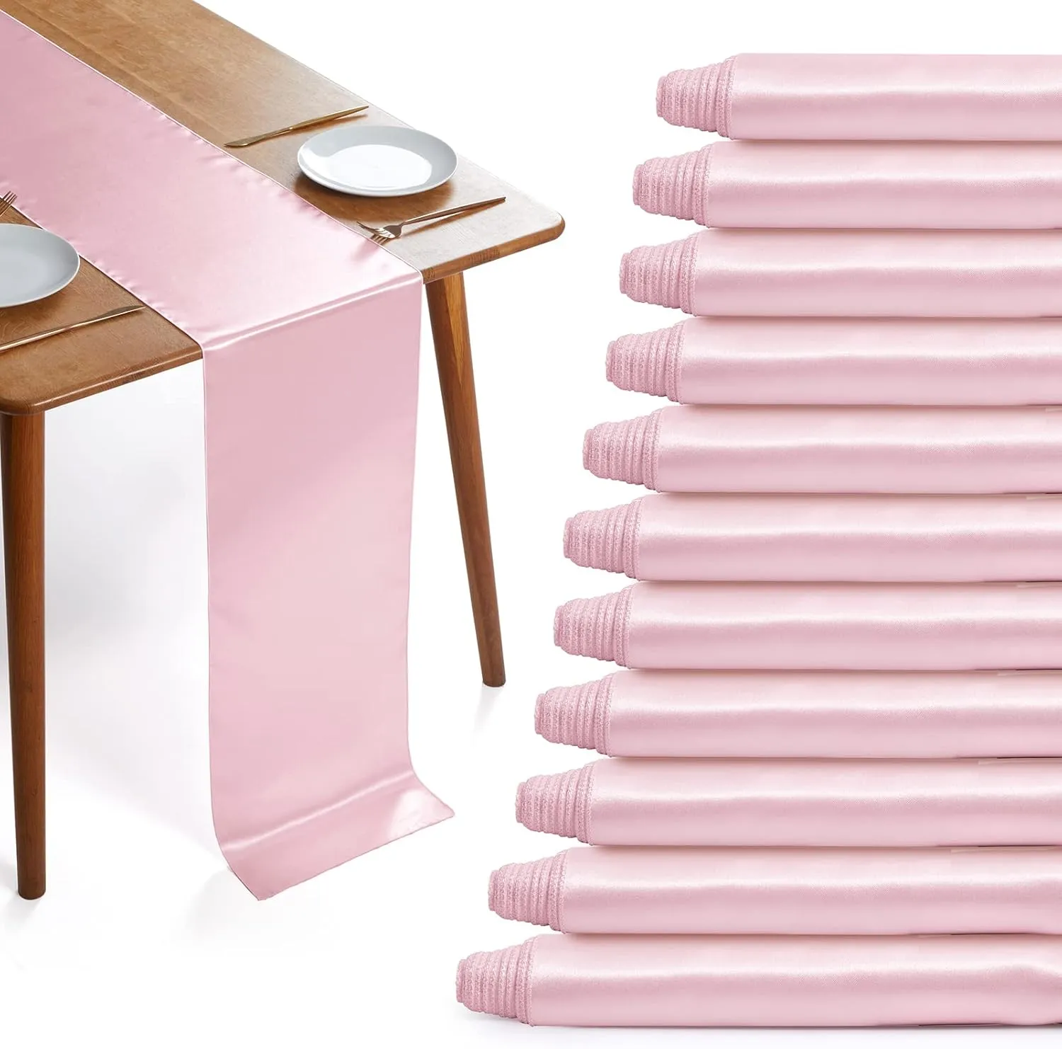 12 Pack Blush Pink Satin Table Runners, 12 x 108 Inches Silky Long Table Runner Decor, Bright Smooth Luxury Party Table Runner Decorations for Birthday Holiday Banquet