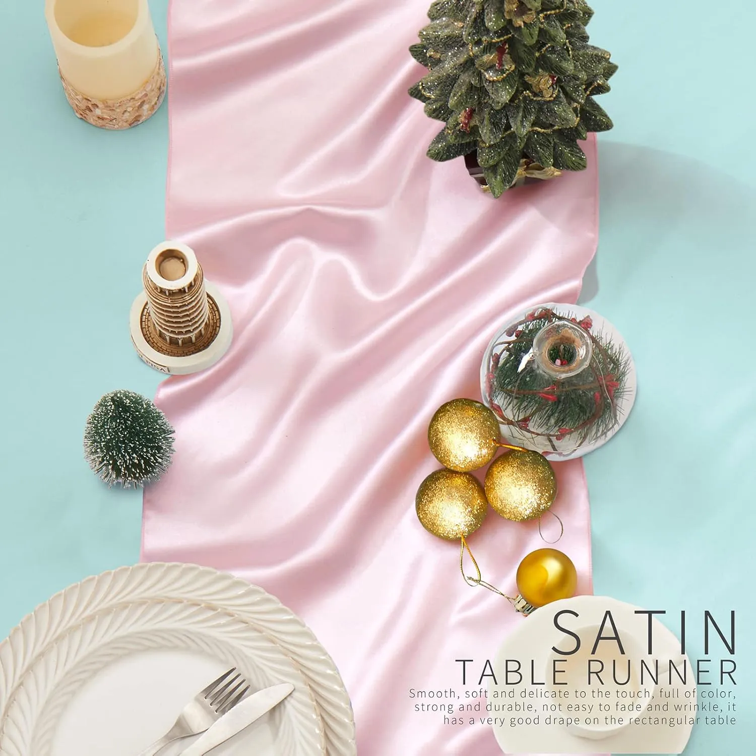 12 Pack Blush Pink Satin Table Runners, 12 x 108 Inches Silky Long Table Runner Decor, Bright Smooth Luxury Party Table Runner Decorations for Birthday Holiday Banquet