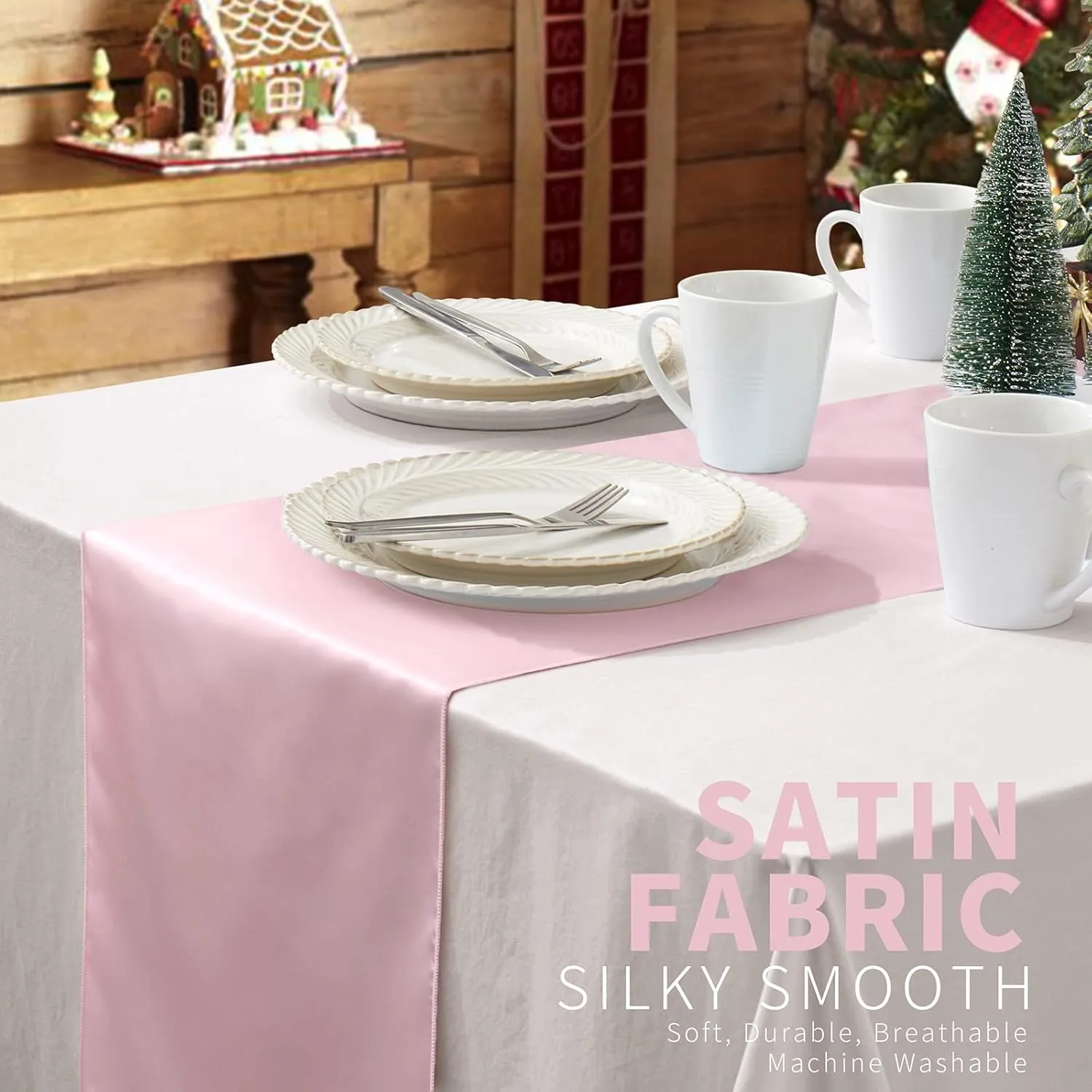 12 Pack Blush Pink Satin Table Runners, 12 x 108 Inches Silky Long Table Runner Decor, Bright Smooth Luxury Party Table Runner Decorations for Birthday Holiday Banquet