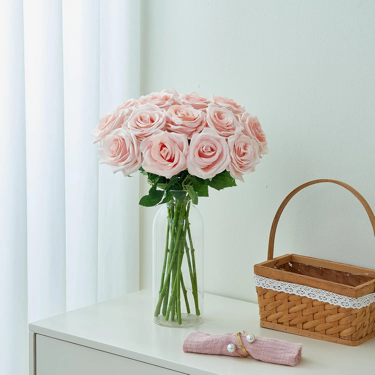 15pcs Blush Roses Artificial Flowers Silk Fake Flowers Realistic Pink Roses Bouquet Long Stemink for Wedding Home Party Birthday Decoration