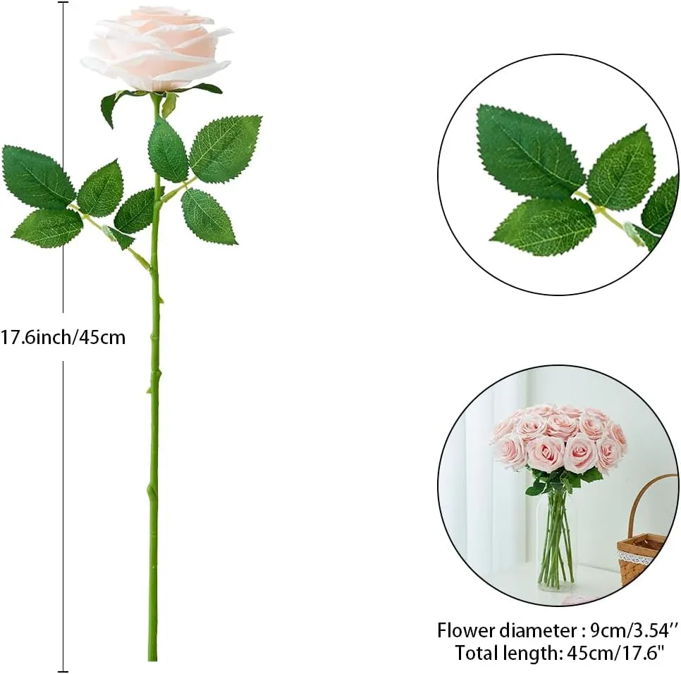 15pcs Blush Roses Artificial Flowers Silk Fake Flowers Realistic Pink Roses Bouquet Long Stemink for Wedding Home Party Birthday Decoration