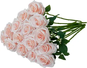 15pcs Blush Roses Artificial Flowers Silk Fake Flowers Realistic Pink Roses Bouquet Long Stemink for Wedding Home Party Birthday Decoration