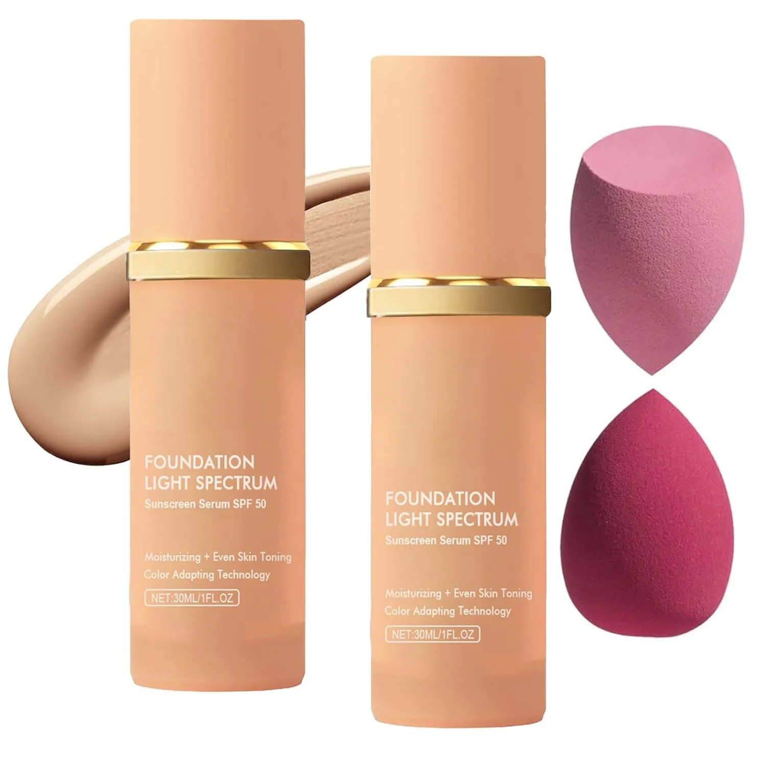 2 Pack Bio Foundation 4 in 1 Light Spectrum, Anti-Wrinkle Color Changing Full Coverage Concealer Foundation, SPF50  Long-Wearing & Waterproof for Sport, Dancing, Outside-30ML