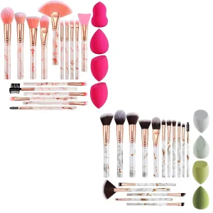2 Set 16Pcs Makeup Brushes Set with 4Pcs Makeup Songes Pink and Green for Blending Contouring Concealering Highlighting
