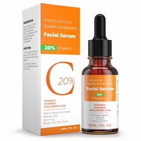 20% Vitamin C Face Serum with Golden Combination of Hyaluronic Acid and Vitamin E | Reduce Acne Spots | Even Skin Tone | Hydrating Face Serum Moisturising & Firming Skin Care | 1 Fl. Oz