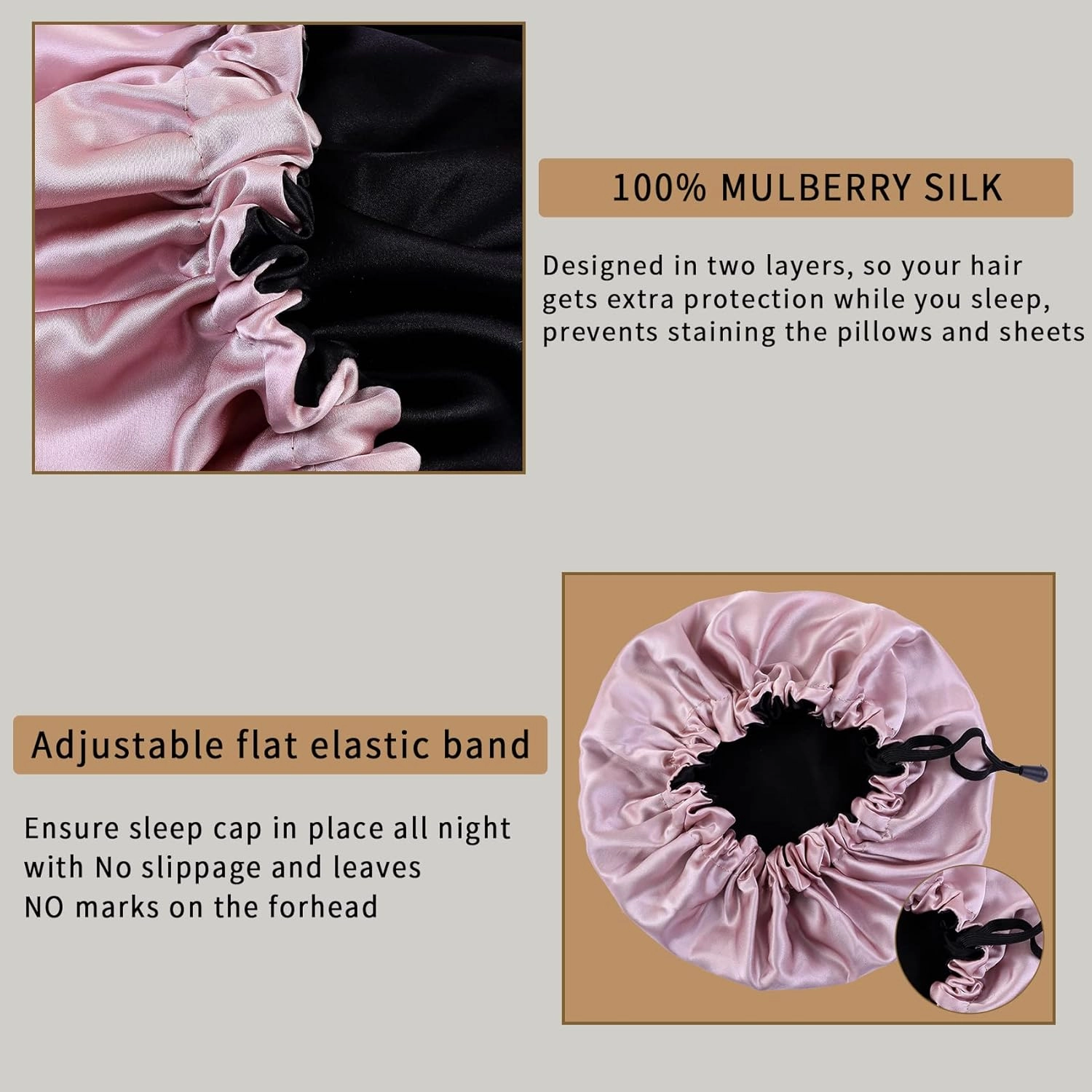 22 Momme 100% Mulberry Silk Bonnet Hair Wrap for Sleeping, Adjustable Silk Scrunchies Sleep Cap for Women Men Hair Care, Head Scarf Night Caps with Elastic Stay On Head, 1Pc(Blush Pink,Black)