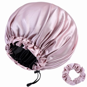 22 Momme 100% Mulberry Silk Bonnet Hair Wrap for Sleeping, Adjustable Silk Scrunchies Sleep Cap for Women Men Hair Care, Head Scarf Night Caps with Elastic Stay On Head, 1Pc(Blush Pink,Black)