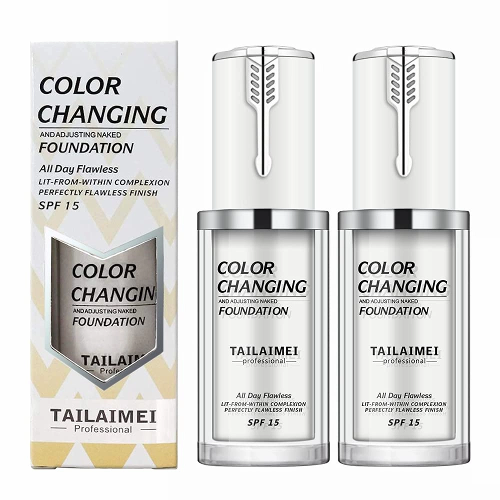 2 Pack TLM Foundation Makeup, All-Day Flawless Color Changing Liquid Foundation for Women and Men, Base Face Cream Foundation, 40ml, SPF 15