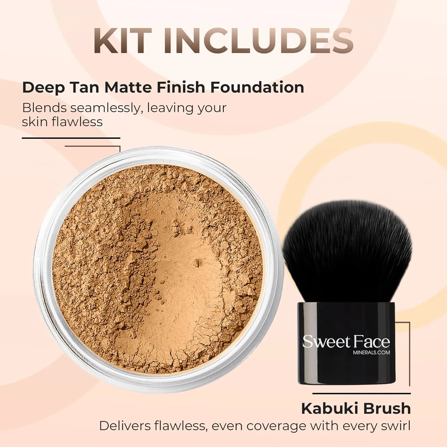 2pc FOUNDATION with KABUKI BRUSH Mineral Makeup (DEEP TAN) Matte Loose Powder Bare Face Cosmetics Full Coverage Long Lasting All Skin Types SPF 18