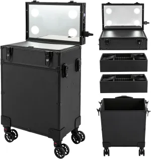 3 in 1 Professional Rolling Makeup Train Case with LED Lights, Aluminum Large Capacity Trolley Makeup Travel Case with 360° Rotation Wheels, Cosmetic Case Cosmetology Organizer, Black