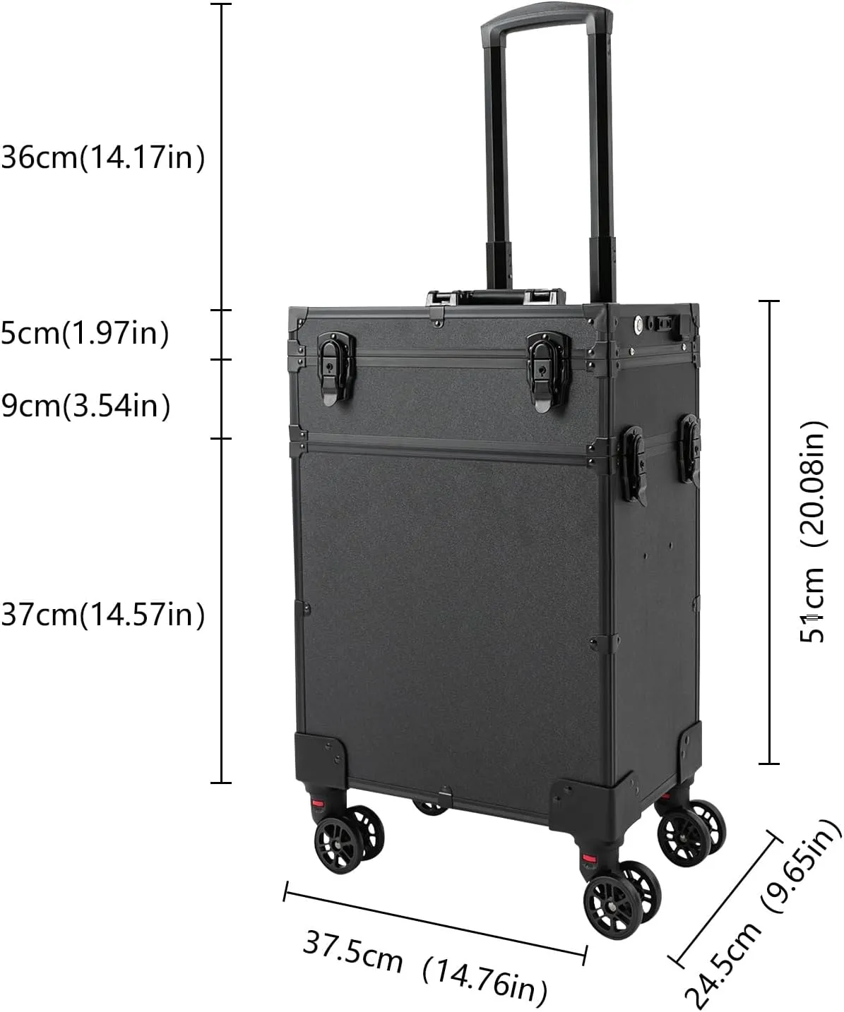 3 in 1 Professional Rolling Makeup Train Case with LED Lights, Aluminum Large Capacity Trolley Makeup Travel Case with 360° Rotation Wheels, Cosmetic Case Cosmetology Organizer, Black