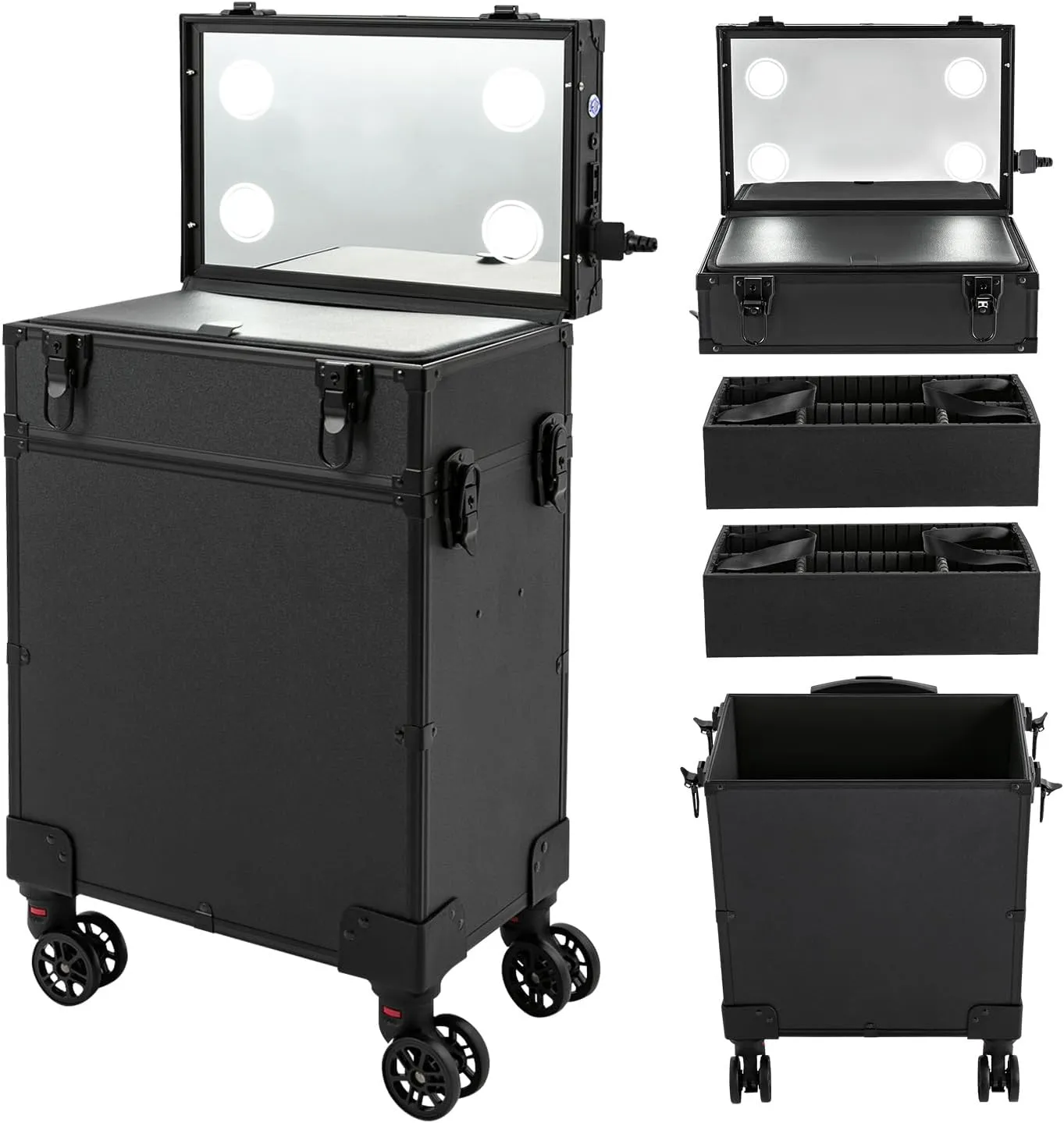3 in 1 Professional Rolling Makeup Train Case with LED Lights, Aluminum Large Capacity Trolley Makeup Travel Case with 360° Rotation Wheels, Cosmetic Case Cosmetology Organizer, Black