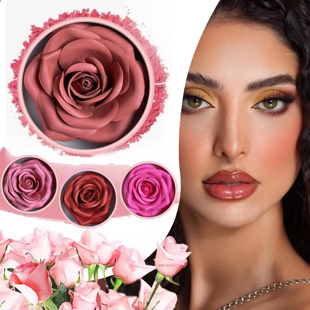 3d Rose Petal Blush, Flower Petal Rose Makeup Blush for Cheeks, Natural Glowing Redness Long Lasting Buildable Color, Contouring and Brightening, Makeup Powder blusher Gifts