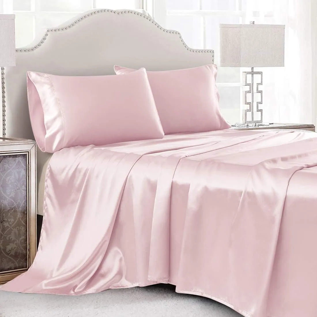 4 Pcs Blush Pink Satin Sheets Queen Size Silky Satin Bedding Sheets Set with 1 Deep Pocket Fitted Sheet, 1 Flat Sheet, 2 Pillowcase