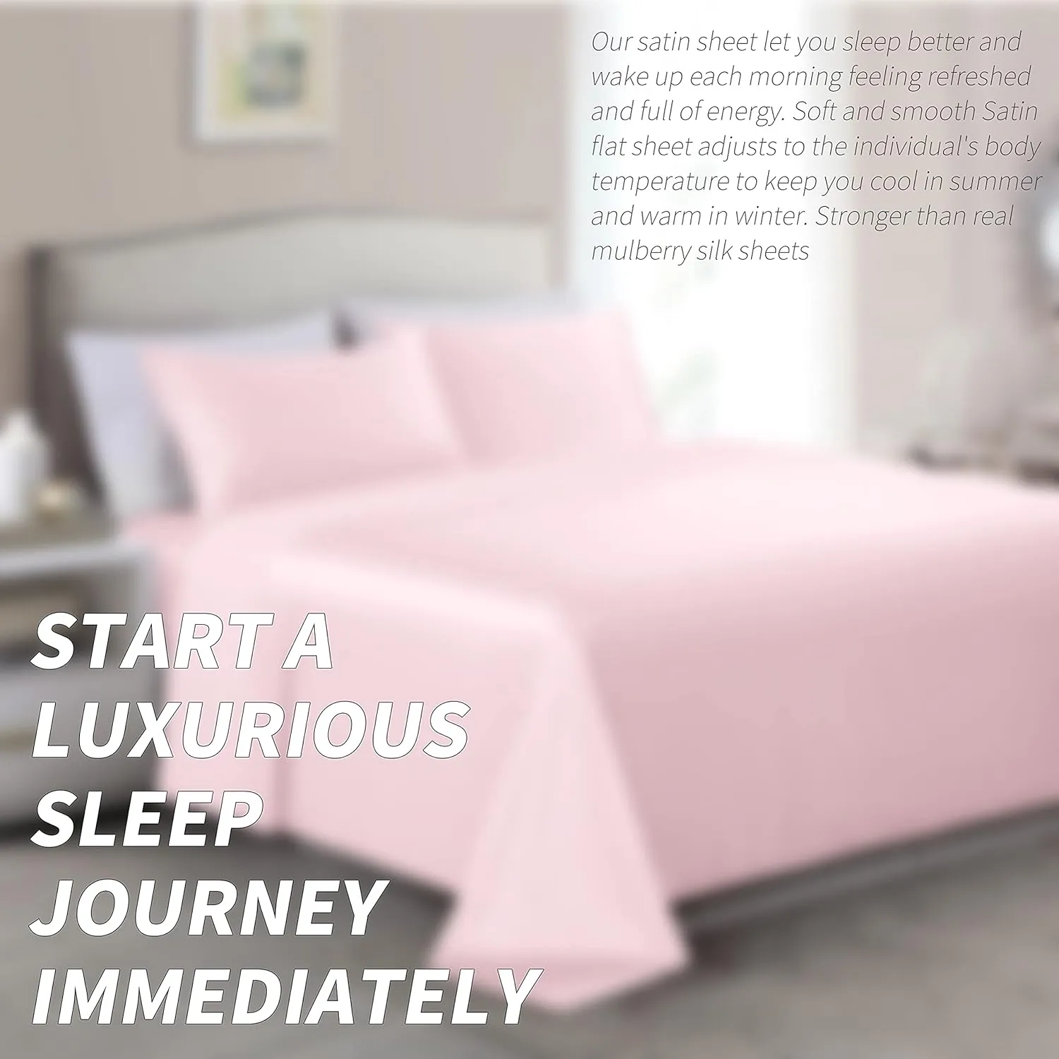 4 Pcs Blush Pink Satin Sheets Queen Size Silky Satin Bedding Sheets Set with 1 Deep Pocket Fitted Sheet, 1 Flat Sheet, 2 Pillowcase