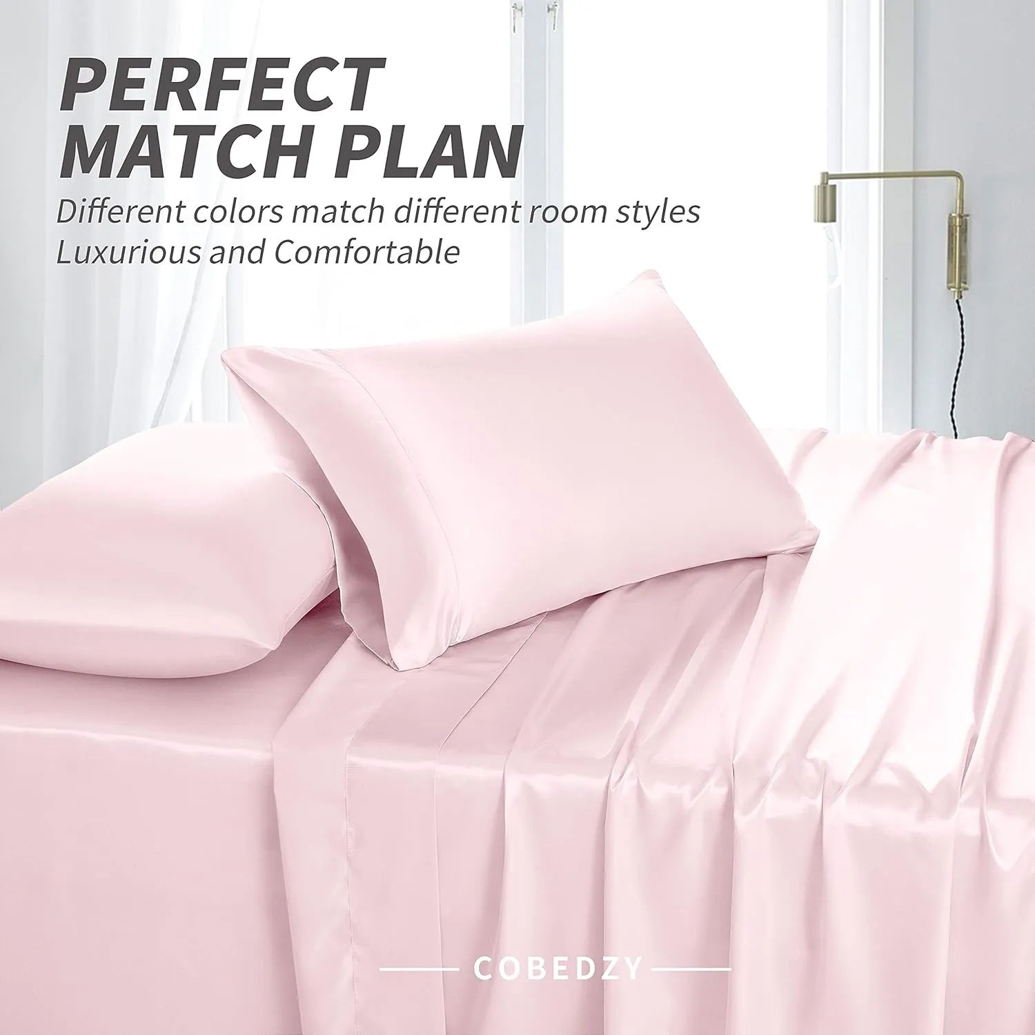 4 Pcs Blush Pink Satin Sheets Queen Size Silky Satin Bedding Sheets Set with 1 Deep Pocket Fitted Sheet, 1 Flat Sheet, 2 Pillowcase