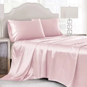 4 Pcs Blush Pink Satin Sheets Queen Size Silky Satin Bedding Sheets Set with 1 Deep Pocket Fitted Sheet, 1 Flat Sheet, 2 Pillowcase