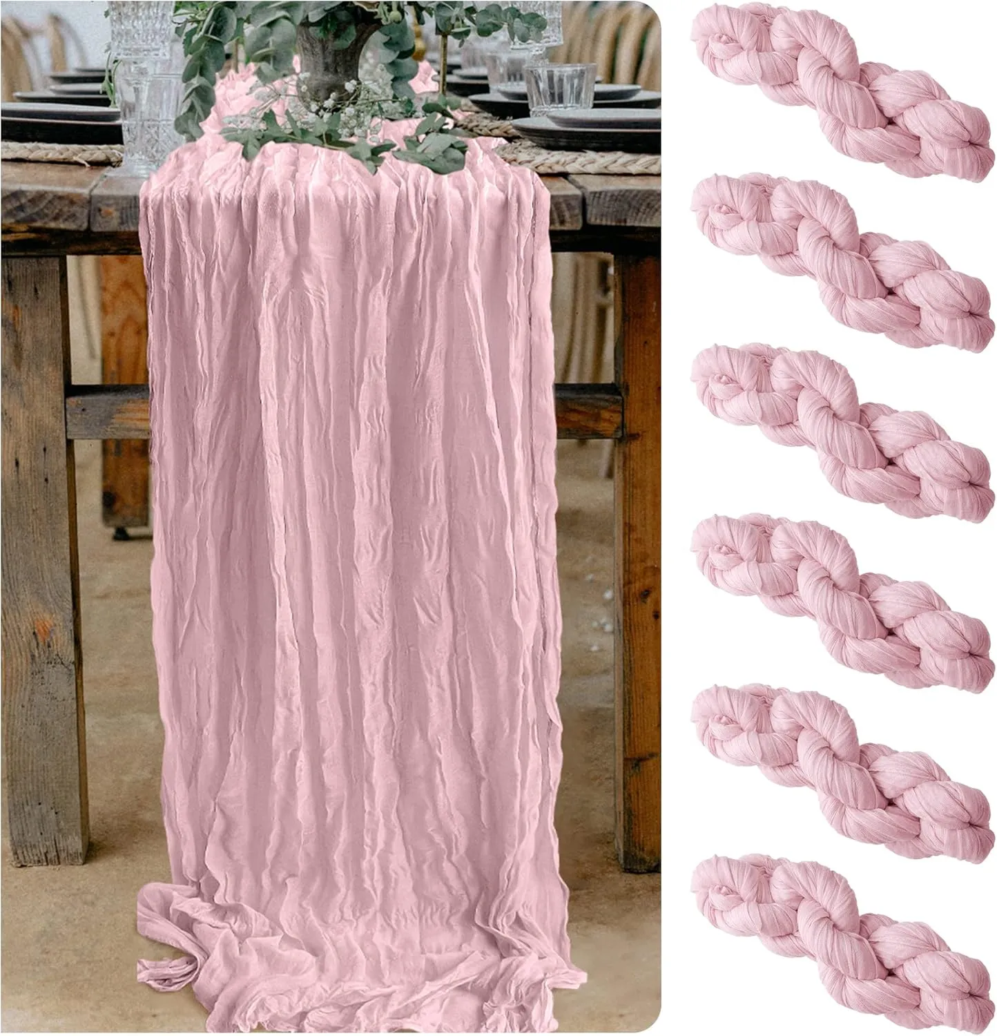6 Pieces Blush Cheesecloth Table Runner 10 Ft Baby Pink Table Runner Gauze for Boho Rustic Wedding Arch, Baby and Bridal Shower Decorations Engagement Party Mother's Day