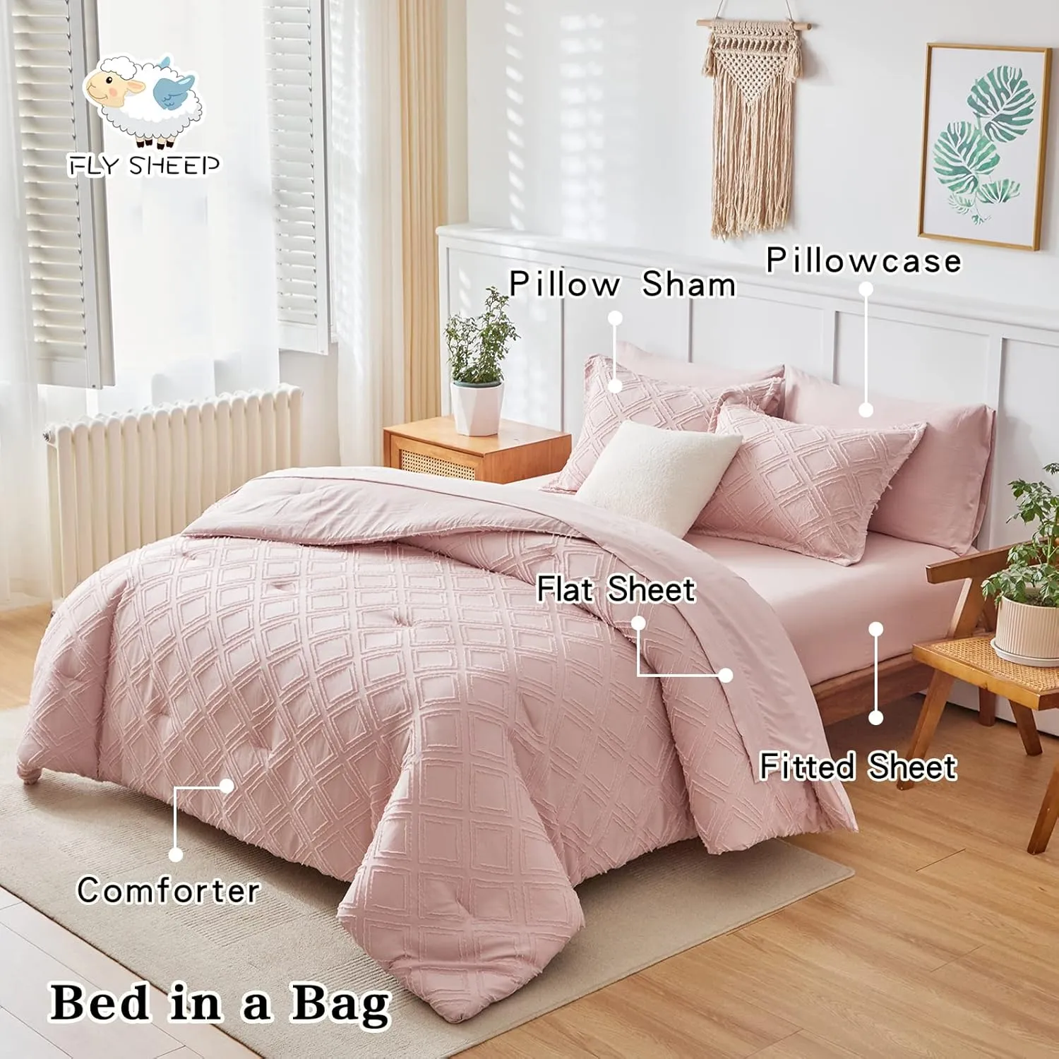 6 Pieces Tufted Bed in a Bag Twin Comforter Set with Sheets Blush Pink, Soft and Embroidery Shabby Chic Boho Bohemian, Luxury Solid with Diamond Pattern, Jacquard Tufts Bedding Set for Kids Girls