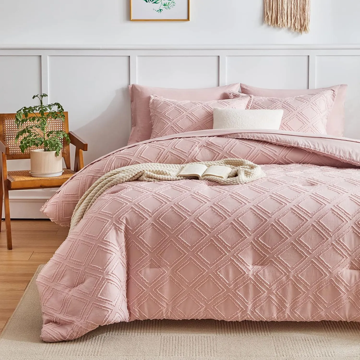 6 Pieces Tufted Bed in a Bag Twin Comforter Set with Sheets Blush Pink, Soft and Embroidery Shabby Chic Boho Bohemian, Luxury Solid with Diamond Pattern, Jacquard Tufts Bedding Set for Kids Girls
