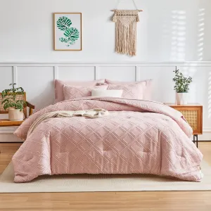 6 Pieces Tufted Bed in a Bag Twin Comforter Set with Sheets Blush Pink, Soft and Embroidery Shabby Chic Boho Bohemian, Luxury Solid with Diamond Pattern, Jacquard Tufts Bedding Set for Kids Girls