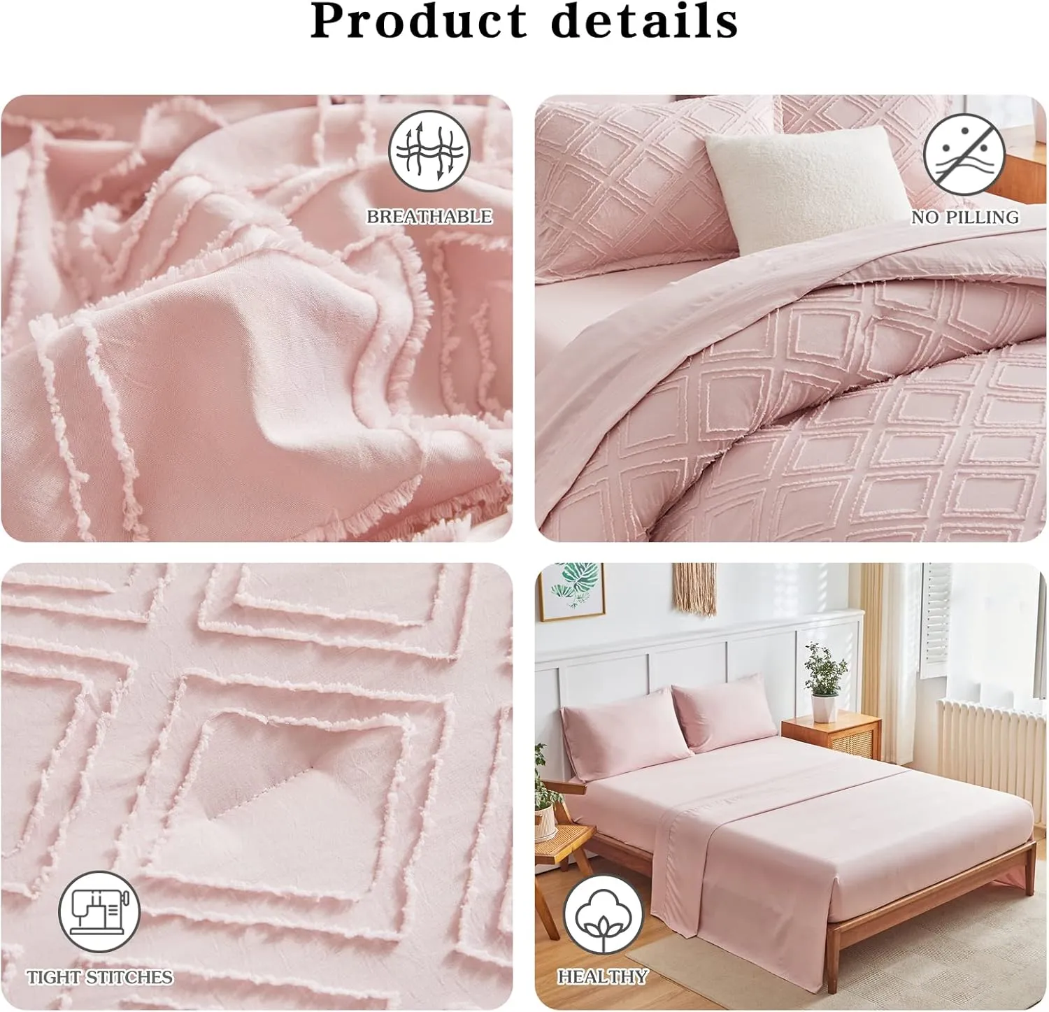 6 Pieces Tufted Bed in a Bag Twin Comforter Set with Sheets Blush Pink, Soft and Embroidery Shabby Chic Boho Bohemian, Luxury Solid with Diamond Pattern, Jacquard Tufts Bedding Set for Kids Girls