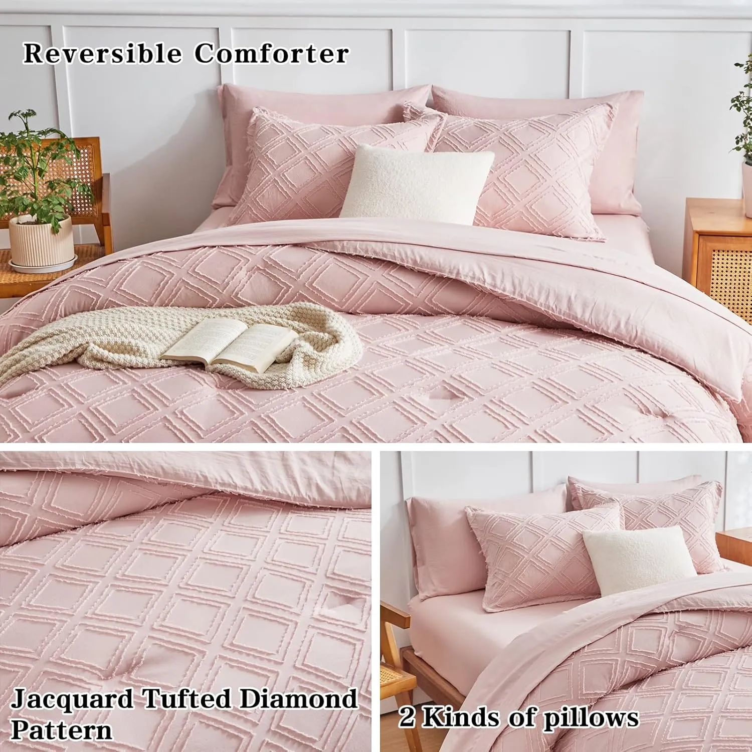 6 Pieces Tufted Bed in a Bag Twin Comforter Set with Sheets Blush Pink, Soft and Embroidery Shabby Chic Boho Bohemian, Luxury Solid with Diamond Pattern, Jacquard Tufts Bedding Set for Kids Girls