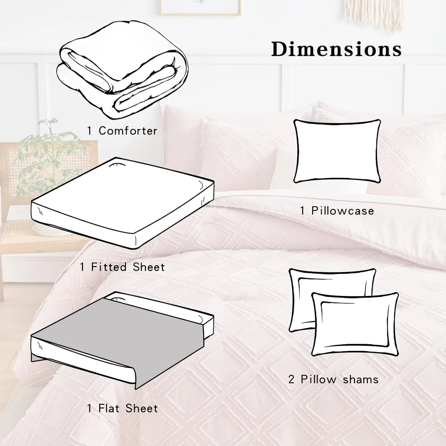 6 Pieces Tufted Bed in a Bag Twin Comforter Set with Sheets Blush Pink, Soft and Embroidery Shabby Chic Boho Bohemian, Luxury Solid with Diamond Pattern, Jacquard Tufts Bedding Set for Kids Girls