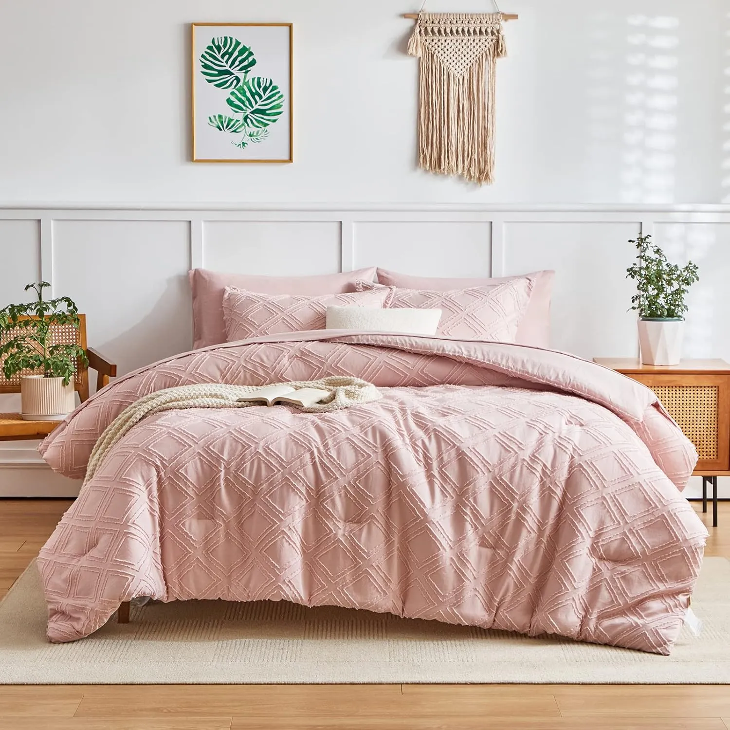 6 Pieces Tufted Bed in a Bag Twin Comforter Set with Sheets Blush Pink, Soft and Embroidery Shabby Chic Boho Bohemian, Luxury Solid with Diamond Pattern, Jacquard Tufts Bedding Set for Kids Girls