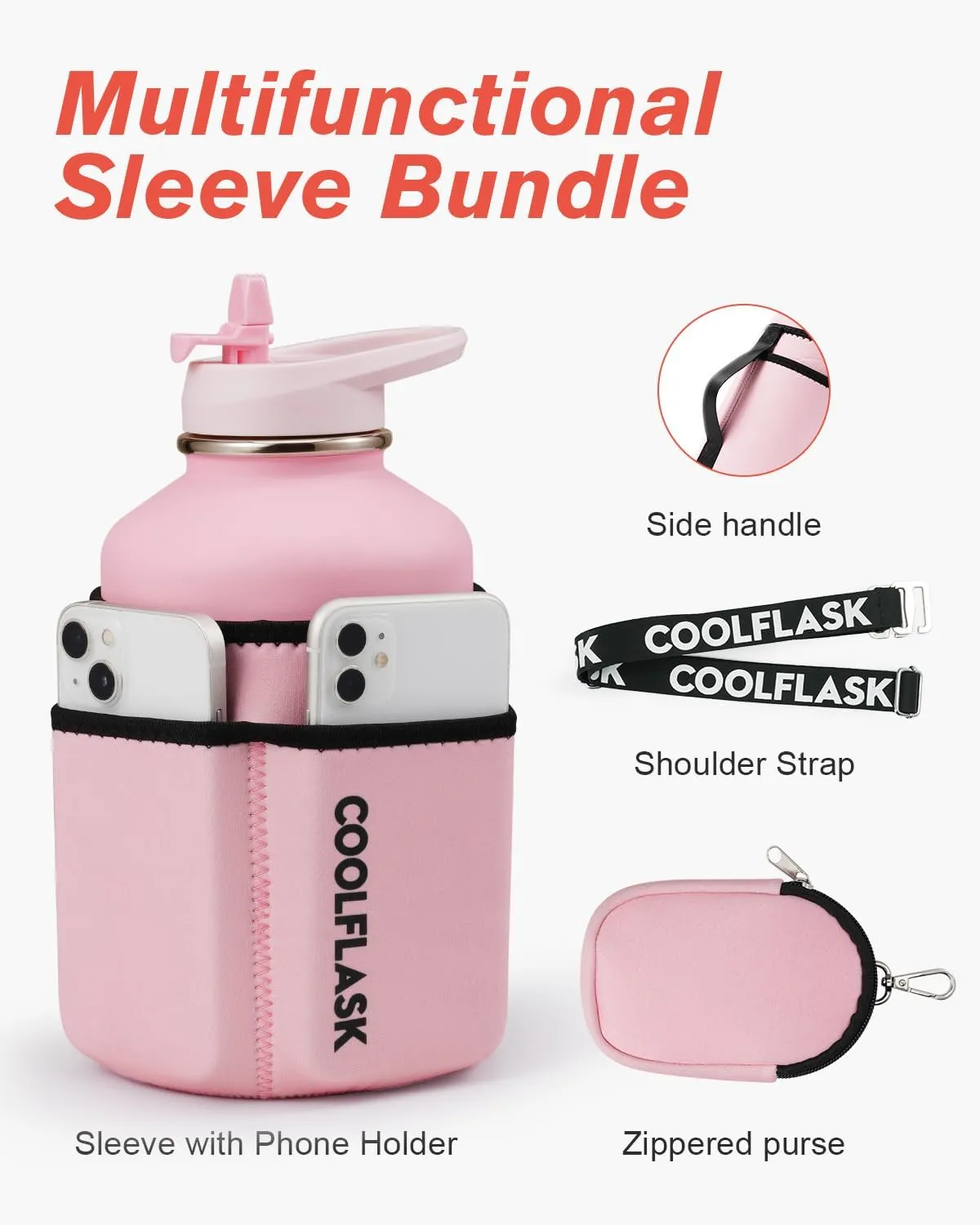 64 oz Insulated Water Bottle with Straw & Sleeve, Coolflask Half Gallon Water Jug 3 Lids Stainless Steel Metal Multifunctional Flask, Keep 48H Cold 24H Hot, Compact OOTD Yoga/Gym Bottle, Pink Blush
