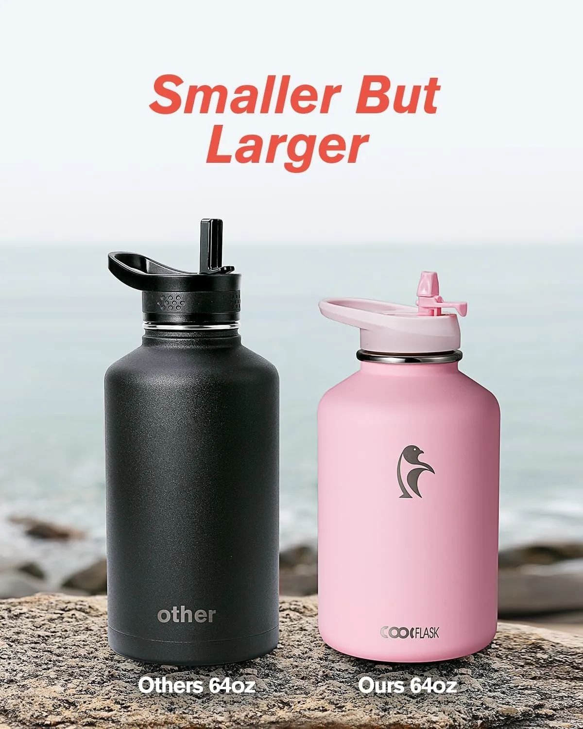 64 oz Insulated Water Bottle with Straw & Sleeve, Coolflask Half Gallon Water Jug 3 Lids Stainless Steel Metal Multifunctional Flask, Keep 48H Cold 24H Hot, Compact OOTD Yoga/Gym Bottle, Pink Blush