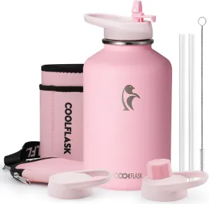 64 oz Insulated Water Bottle with Straw & Sleeve, Coolflask Half Gallon Water Jug 3 Lids Stainless Steel Metal Multifunctional Flask, Keep 48H Cold 24H Hot, Compact OOTD Yoga/Gym Bottle, Pink Blush