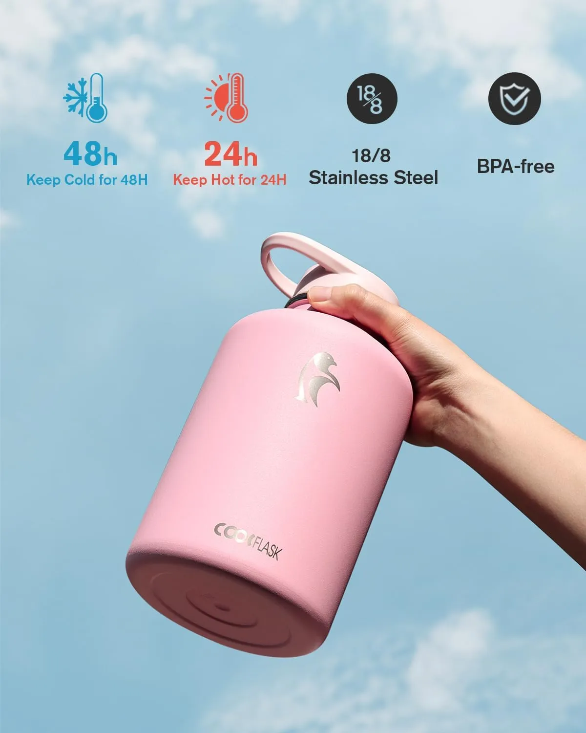 64 oz Insulated Water Bottle with Straw & Sleeve, Coolflask Half Gallon Water Jug 3 Lids Stainless Steel Metal Multifunctional Flask, Keep 48H Cold 24H Hot, Compact OOTD Yoga/Gym Bottle, Pink Blush