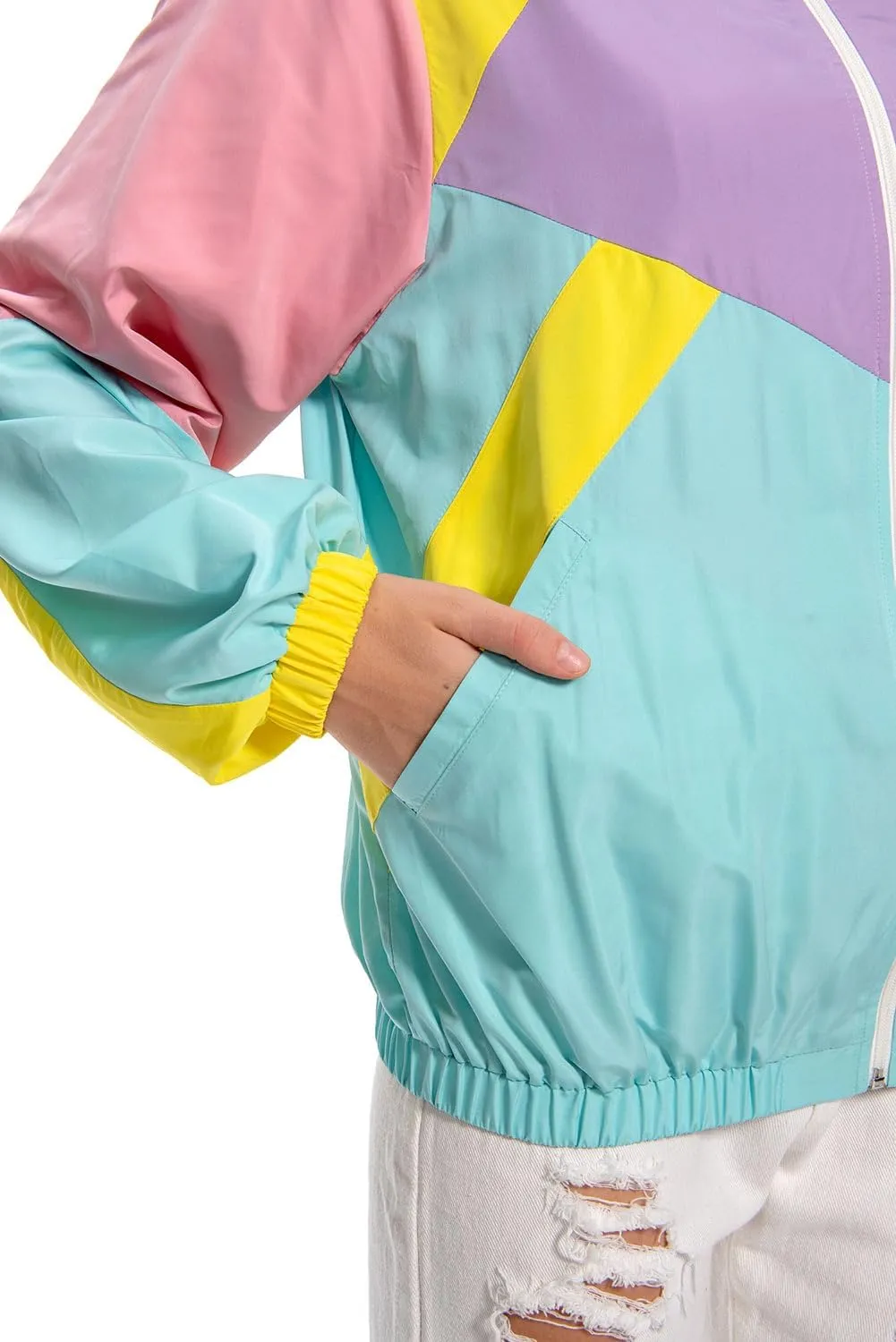 80s Color Block Jacket for Women, Neon Windbreaker Tracksuit Retro Workout Outfit for Themed Party
