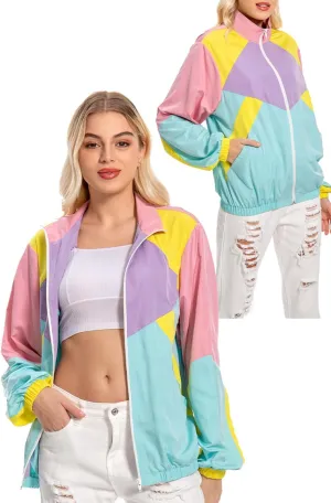 80s Color Block Jacket for Women, Neon Windbreaker Tracksuit Retro Workout Outfit for Themed Party