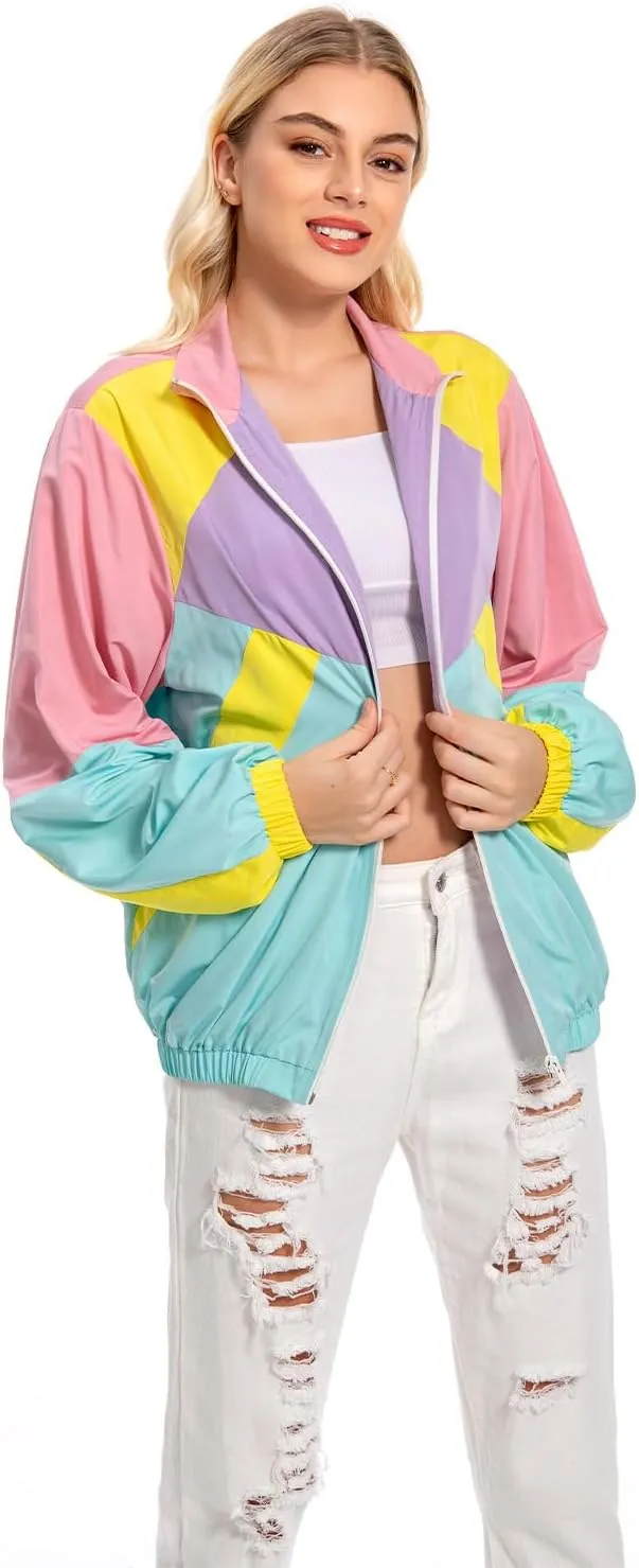 80s Color Block Jacket for Women, Neon Windbreaker Tracksuit Retro Workout Outfit for Themed Party