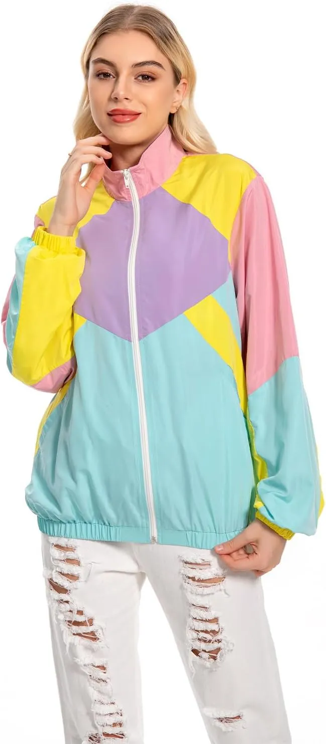 80s Color Block Jacket for Women, Neon Windbreaker Tracksuit Retro Workout Outfit for Themed Party
