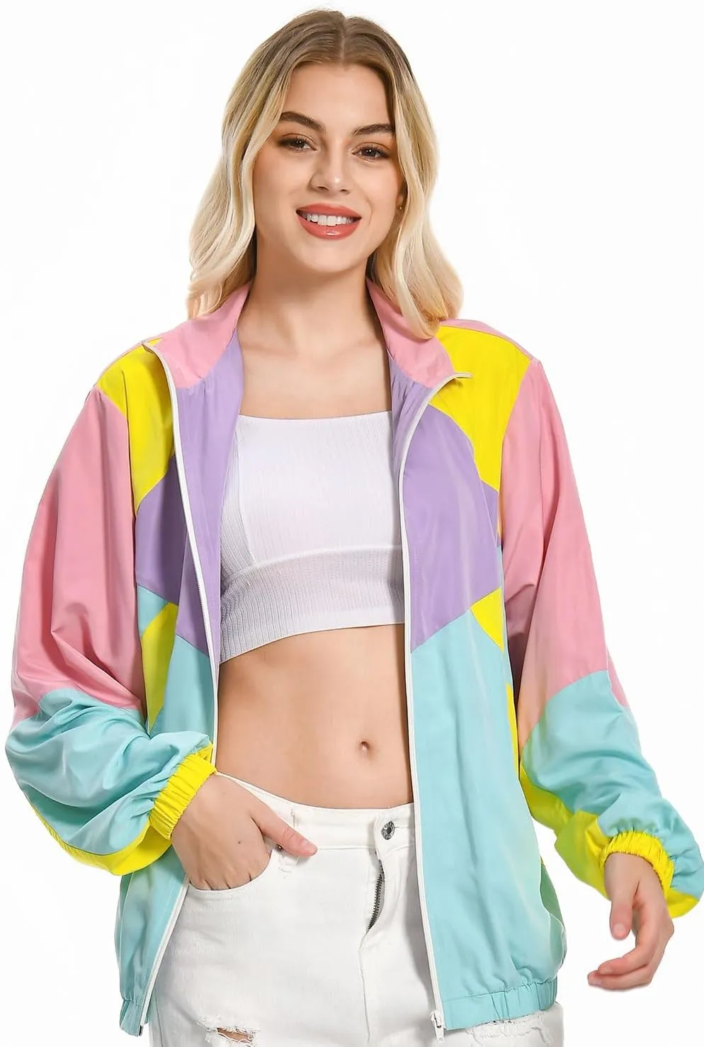 80s Color Block Jacket for Women, Neon Windbreaker Tracksuit Retro Workout Outfit for Themed Party