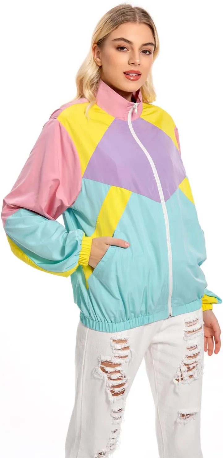80s Color Block Jacket for Women, Neon Windbreaker Tracksuit Retro Workout Outfit for Themed Party