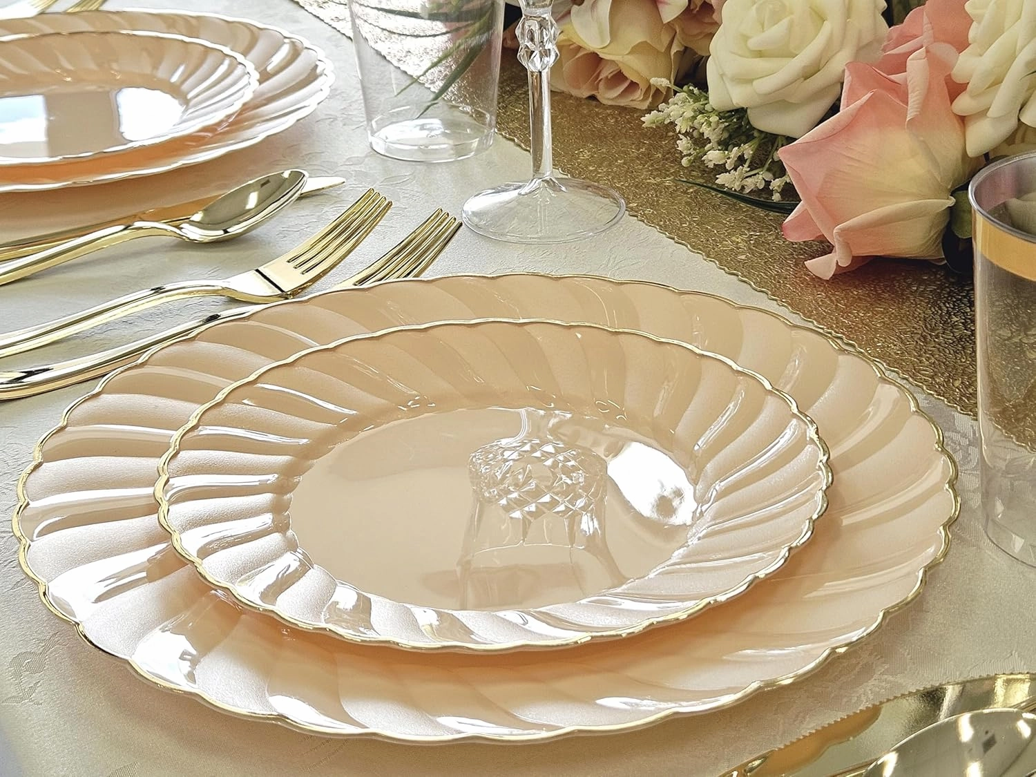 " OCCASIONS " 240 Plates Pack,(120 Guests) Premium Vintage Wedding Party Disposable Plastic Plates Set -120 x 10.25'' Dinner   80x7.5'' Salad/Dessert (Blossom Blush Pink/Gold)