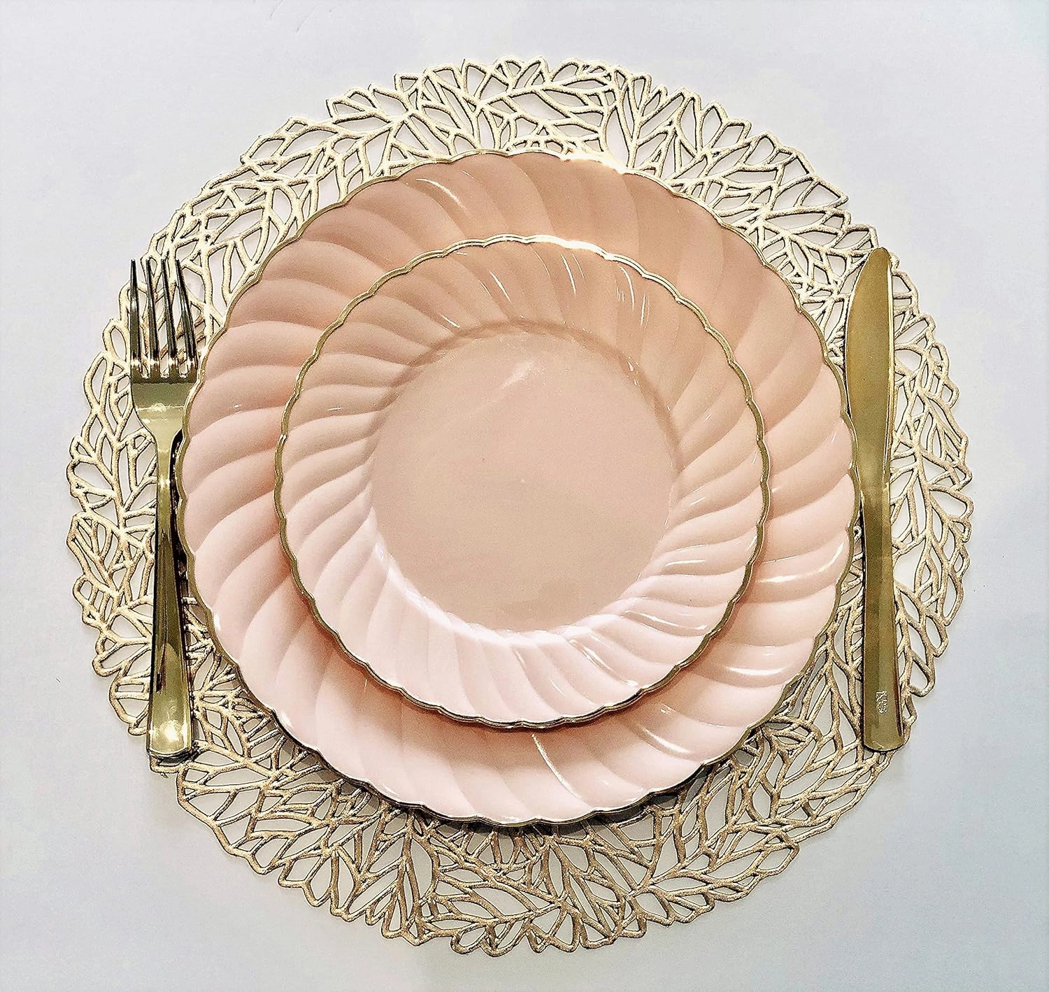" OCCASIONS " 240 Plates Pack,(120 Guests) Premium Vintage Wedding Party Disposable Plastic Plates Set -120 x 10.25'' Dinner   80x7.5'' Salad/Dessert (Blossom Blush Pink/Gold)