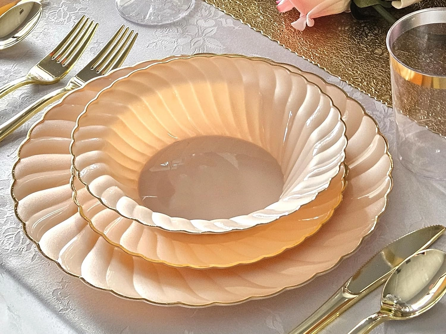 " OCCASIONS " 240 Plates Pack,(120 Guests) Premium Vintage Wedding Party Disposable Plastic Plates Set -120 x 10.25'' Dinner   80x7.5'' Salad/Dessert (Blossom Blush Pink/Gold)