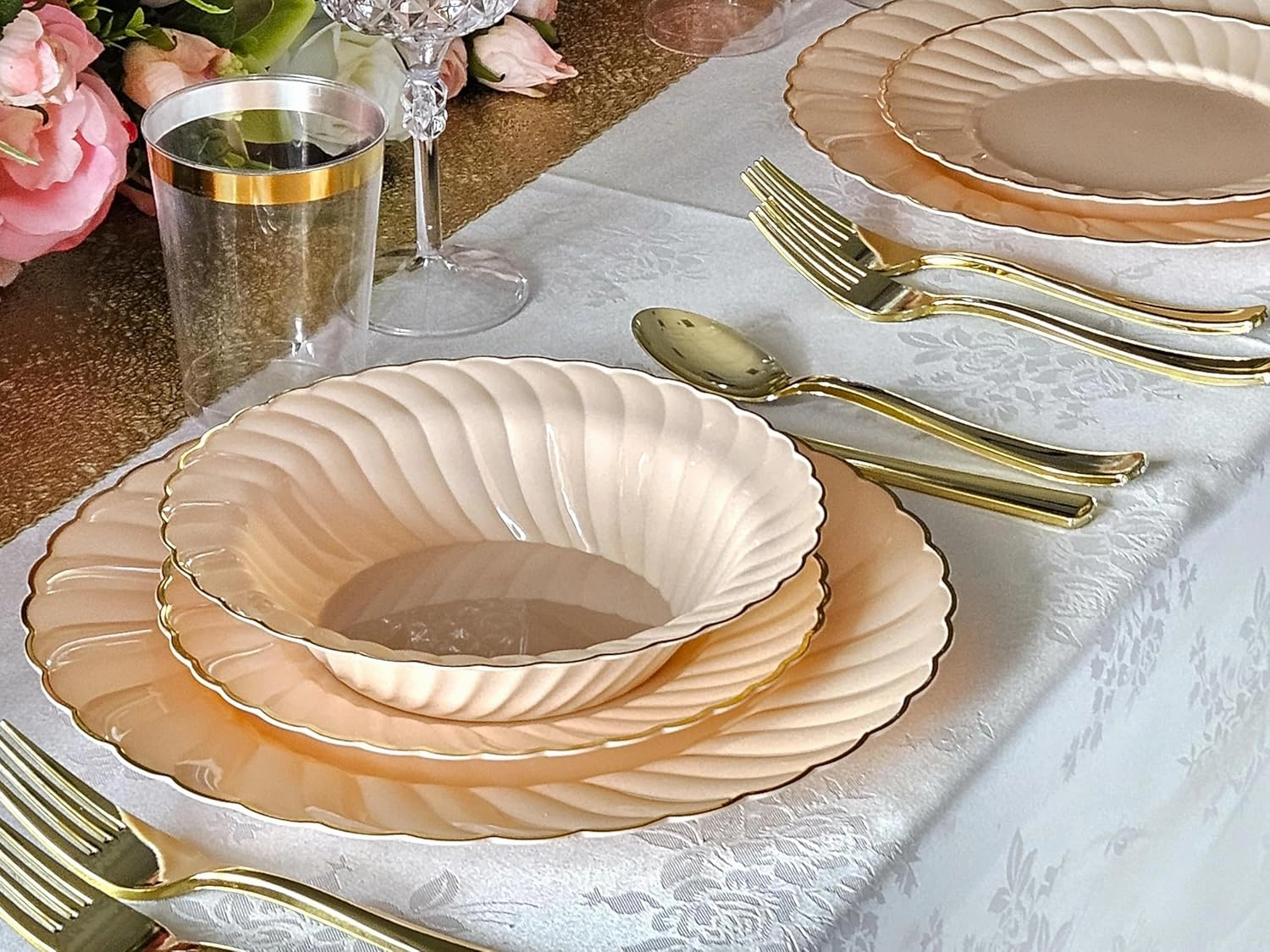 " OCCASIONS " 240 Plates Pack,(120 Guests) Premium Vintage Wedding Party Disposable Plastic Plates Set -120 x 10.25'' Dinner   80x7.5'' Salad/Dessert (Blossom Blush Pink/Gold)