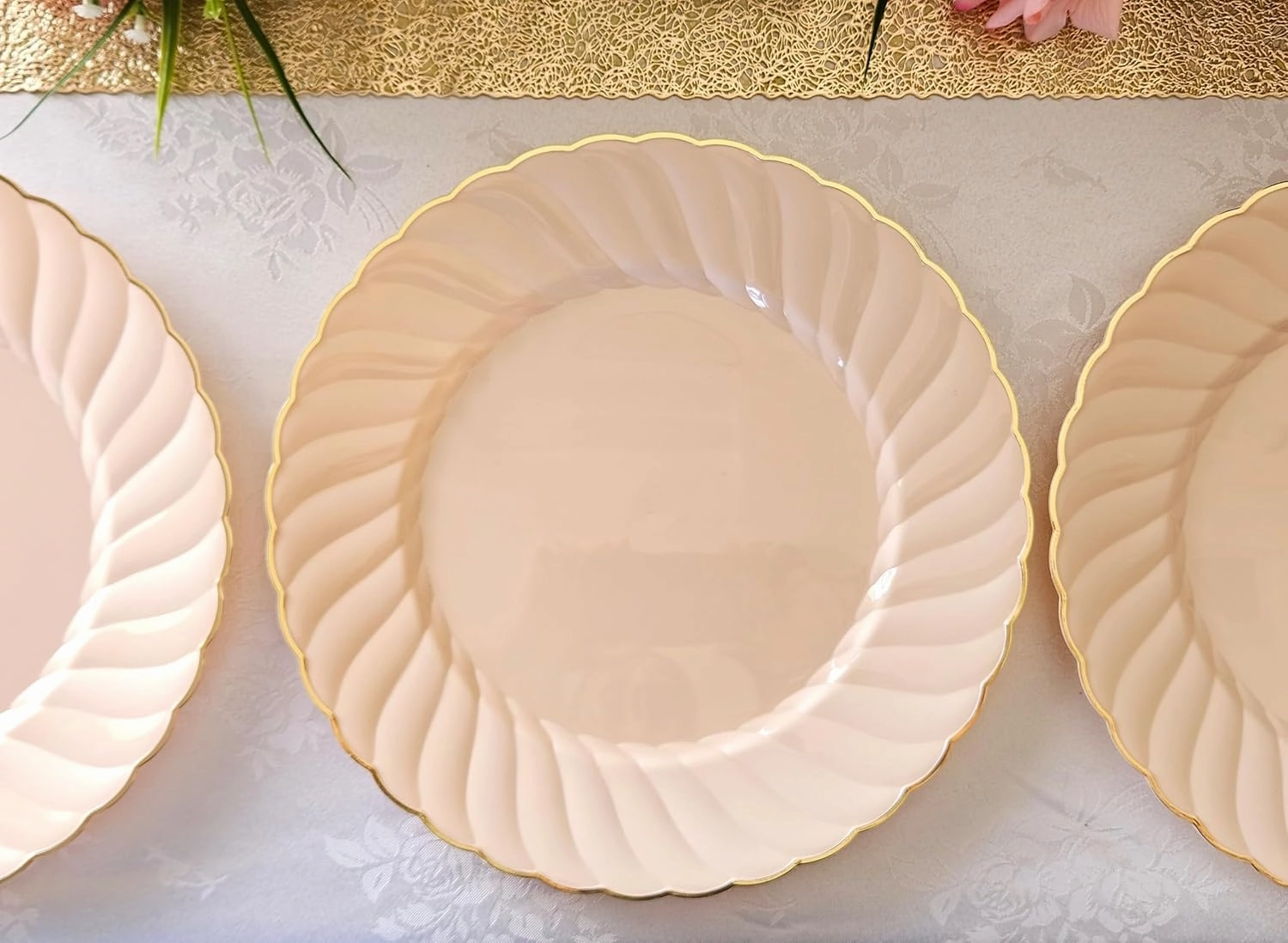 " OCCASIONS " 240 Plates Pack,(120 Guests) Premium Vintage Wedding Party Disposable Plastic Plates Set -120 x 10.25'' Dinner   80x7.5'' Salad/Dessert (Blossom Blush Pink/Gold)