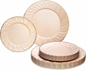 " OCCASIONS " 240 Plates Pack,(120 Guests) Premium Vintage Wedding Party Disposable Plastic Plates Set -120 x 10.25'' Dinner   80x7.5'' Salad/Dessert (Blossom Blush Pink/Gold)