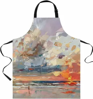 Abstract Orange Multicolored Summer Beach Waterproof Apron With Pockets, Kitchen Chefs Bib Cooking BBQ Grill Bake Adjustable Aprons for Women/Kids Home Garden Grooming Painting Gardening