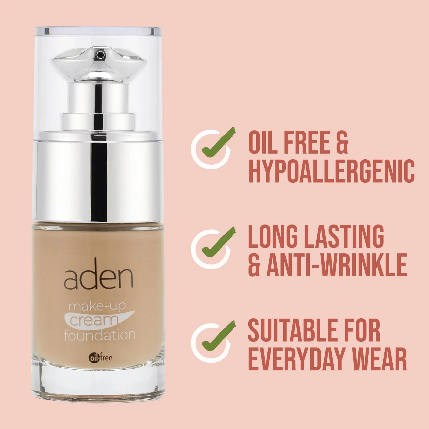 aden Cream Foundation – 15ml – Oil Free & Hypoallergenic – Long lasting & Anti-Wrinkle – Light Coverage Foundation – Made in Italy (05 Fudge)